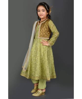 Green Embroidered Chanderi Silk Stitched Kids Salwar Suits 3