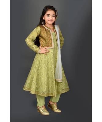 Green Embroidered Chanderi Silk Stitched Kids Salwar Suits 4