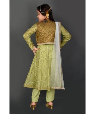 Green Embroidered Chanderi Silk Stitched Kids Salwar Suits 5