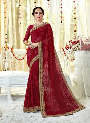Red embroidered georgette saree with blouse 1