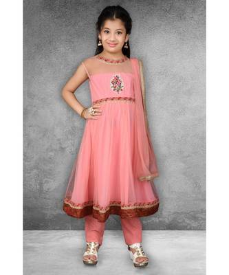 Pink Embroidered Net Stitched Kids Salwar Suits 1