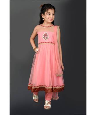Pink Embroidered Net Stitched Kids Salwar Suits 2