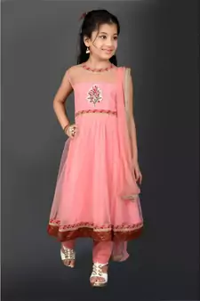 Pink Embroidered Net Stitched Kids Salwar Suits