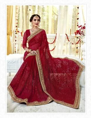 Red embroidered georgette saree with blouse 2