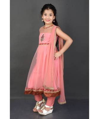 Pink Embroidered Net Stitched Kids Salwar Suits 3