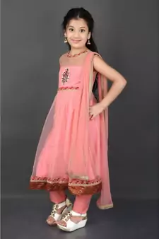 Pink Embroidered Net Stitched Kids Salwar Suits