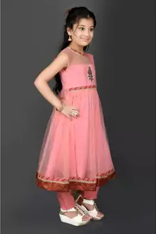 Pink Embroidered Net Stitched Kids Salwar Suits