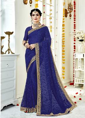Blue embroidered georgette saree with blouse 1