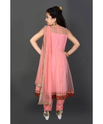Pink Embroidered Net Stitched Kids Salwar Suits 5