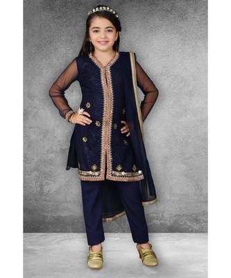 Blue Embroidered Net Stitched Kids Salwar Suits 1