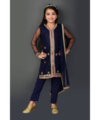 Blue Embroidered Net Stitched Kids Salwar Suits 2