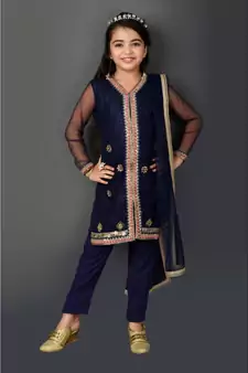 Blue Embroidered Net Stitched Kids Salwar Suits