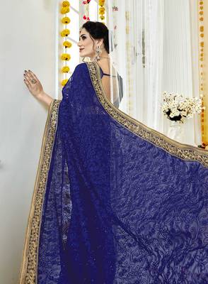 Blue embroidered georgette saree with blouse 2
