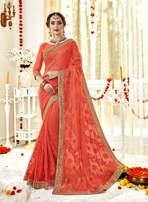 Orange embroidered georgette saree with blouse 1