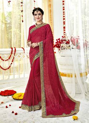 Red embroidered georgette saree with blouse 1