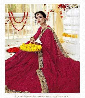 Red embroidered georgette saree with blouse 2