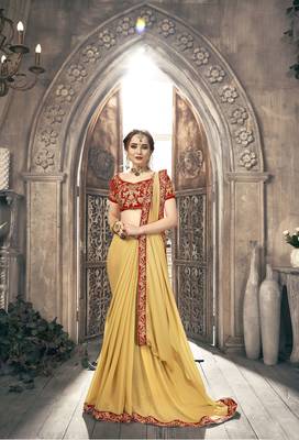 Mustard plain georgette saree with blouse 1
