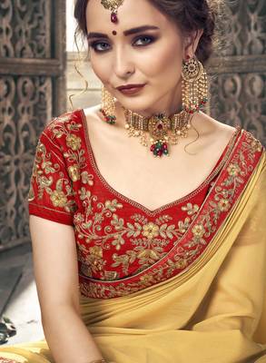 Mustard plain georgette saree with blouse 2