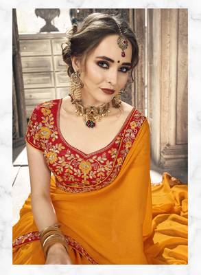 Yellow plain georgette saree with blouse 2