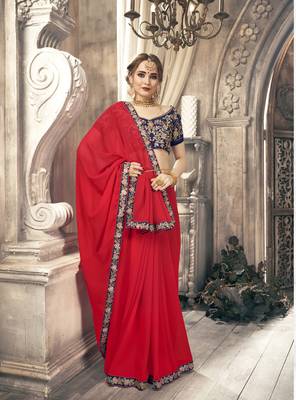 Red plain georgette saree with blouse 1