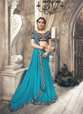 Sky blue plain georgette saree with blouse 1
