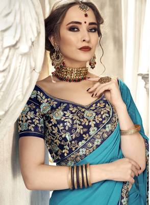 Sky blue plain georgette saree with blouse 2