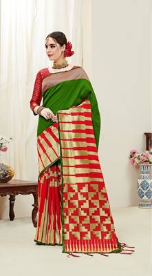 Green printed kanchipuram silk saree with blouse 1