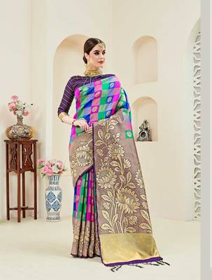 Multicolor printed kanchipuram silk saree with blouse 1