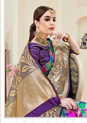 Multicolor printed kanchipuram silk saree with blouse 2
