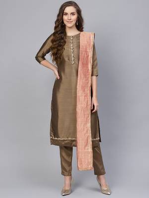 Brown & Peach Silk Blend Lace Work Unstitched Dress Material 1