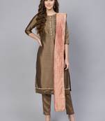 Brown & Peach Silk Blend Lace Work Unstitched Dress Material