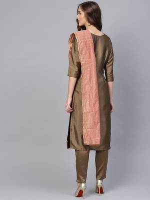 Brown & Peach Silk Blend Lace Work Unstitched Dress Material 2