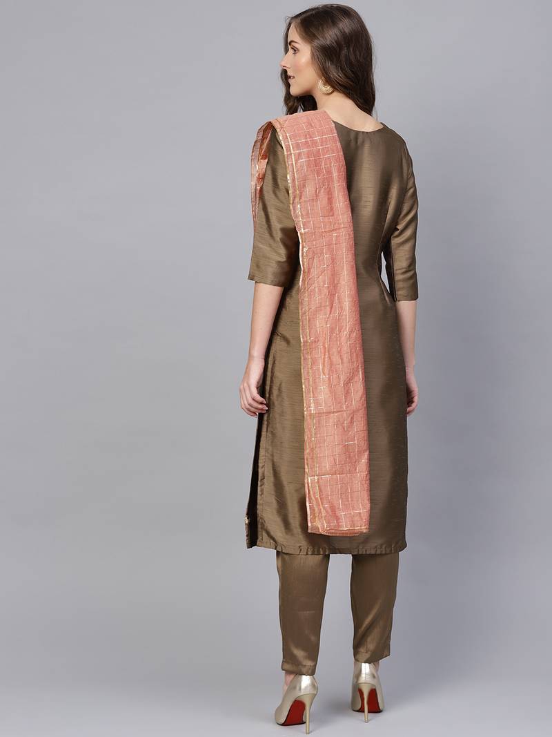 Brown & Peach Silk Blend Lace Work Unstitched Dress Material