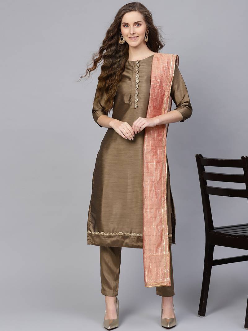 Brown & Peach Silk Blend Lace Work Unstitched Dress Material