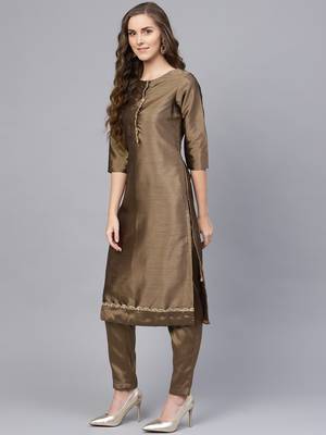 Brown & Peach Silk Blend Lace Work Unstitched Dress Material 4
