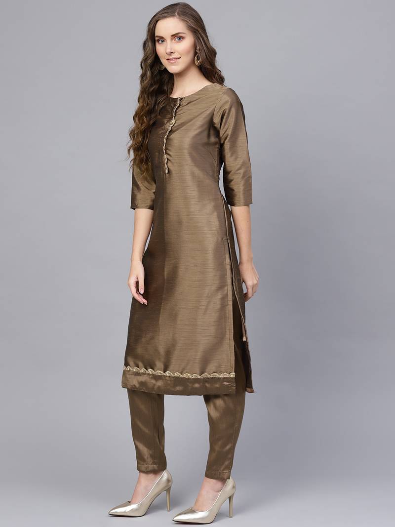 Brown & Peach Silk Blend Lace Work Unstitched Dress Material