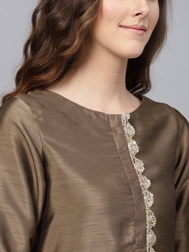 Brown & Peach Silk Blend Lace Work Unstitched Dress Material