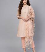 Peach Cotton Striped Self Design Unstitched Dress Material With Embroidered Dupatta