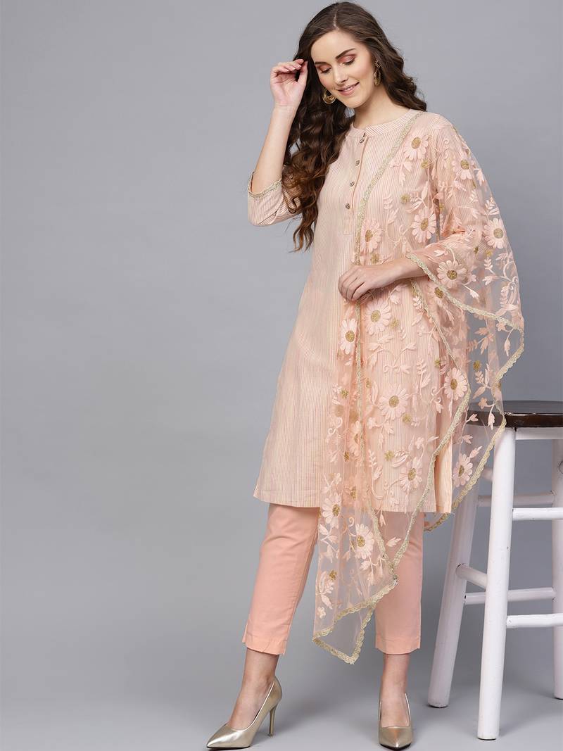 Peach Cotton Striped Self Design Unstitched Dress Material With Embroidered Dupatta