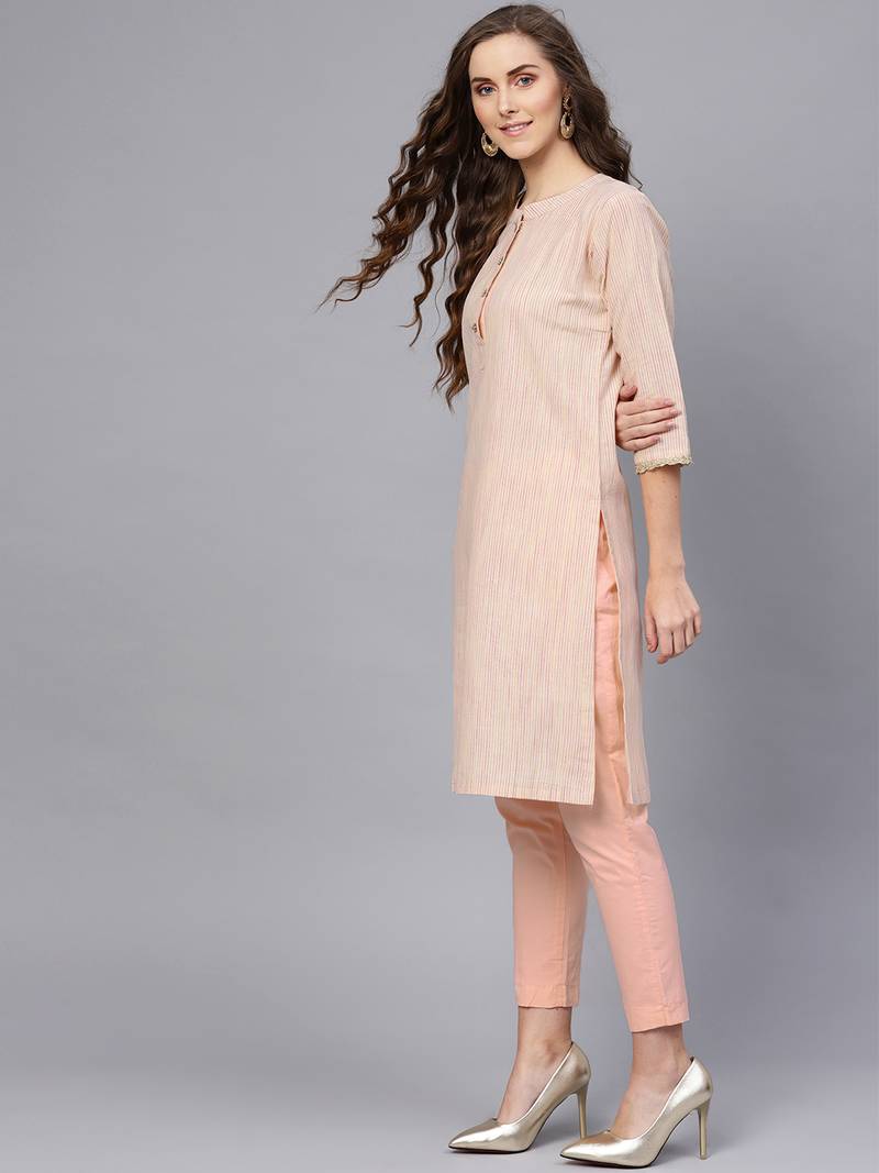 Peach Cotton Striped Self Design Unstitched Dress Material With Embroidered Dupatta