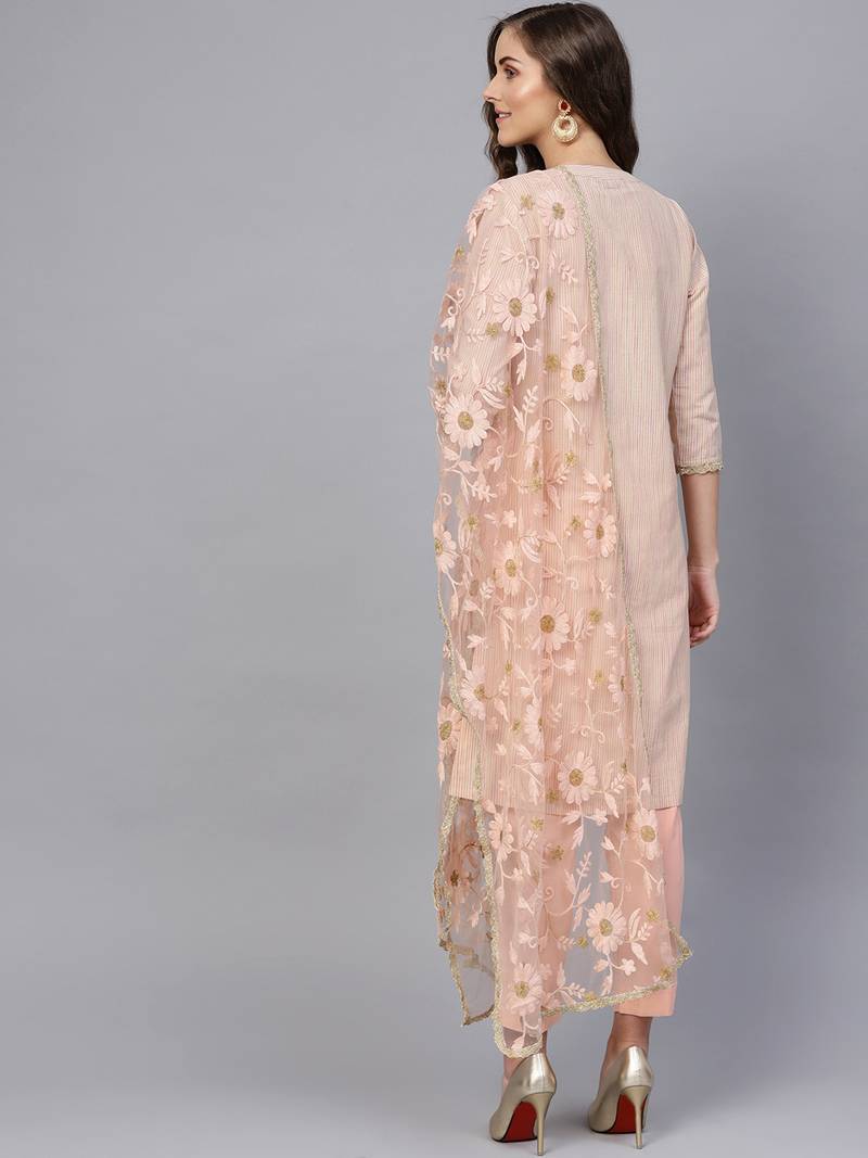 Peach Cotton Striped Self Design Unstitched Dress Material With Embroidered Dupatta