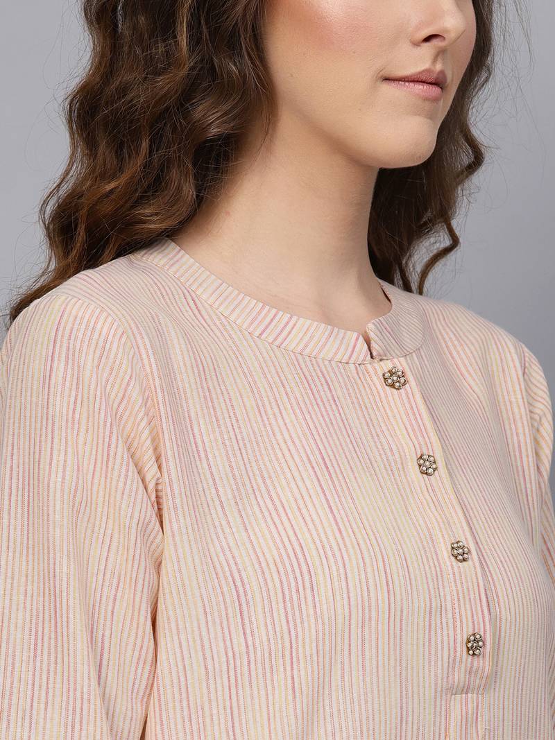 Peach Cotton Striped Self Design Unstitched Dress Material With Embroidered Dupatta