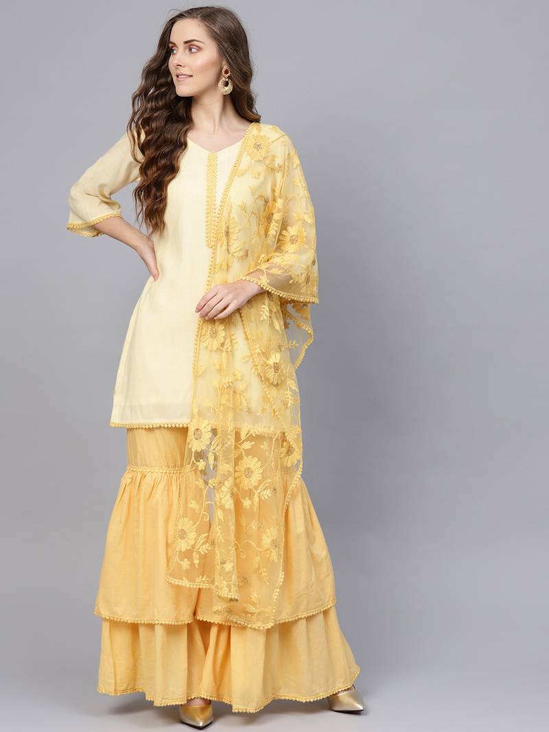 Yellow & Off White Cotton Solid Unstitched Dress Material With Embroidered Dupatta