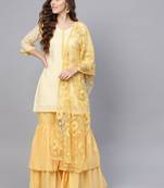 Yellow & Off White Cotton Solid Unstitched Dress Material With Embroidered Dupatta