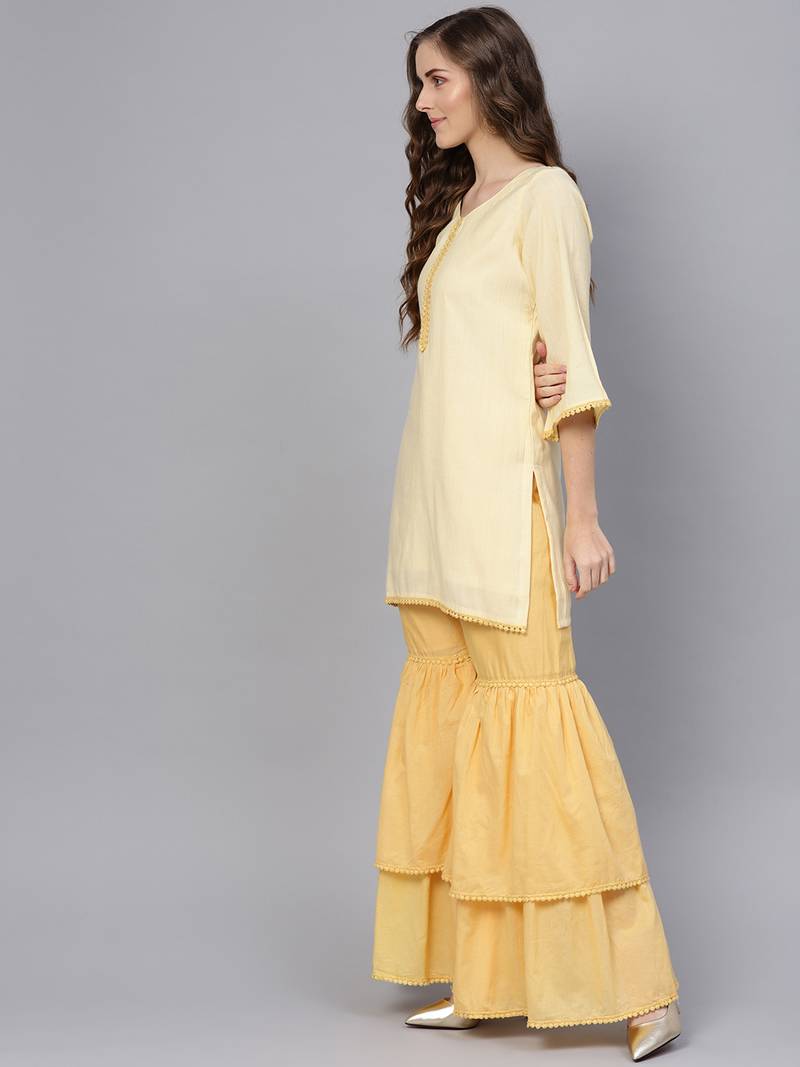 Yellow & Off White Cotton Solid Unstitched Dress Material With Embroidered Dupatta