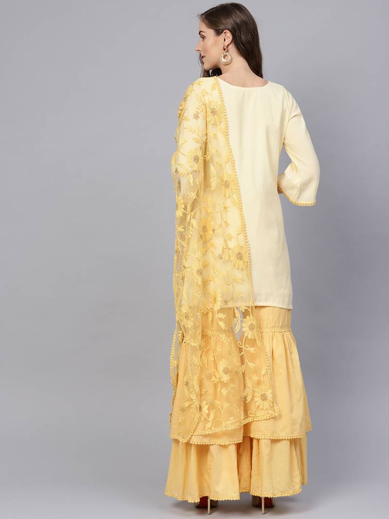 Yellow & Off White Cotton Solid Unstitched Dress Material With Embroidered Dupatta