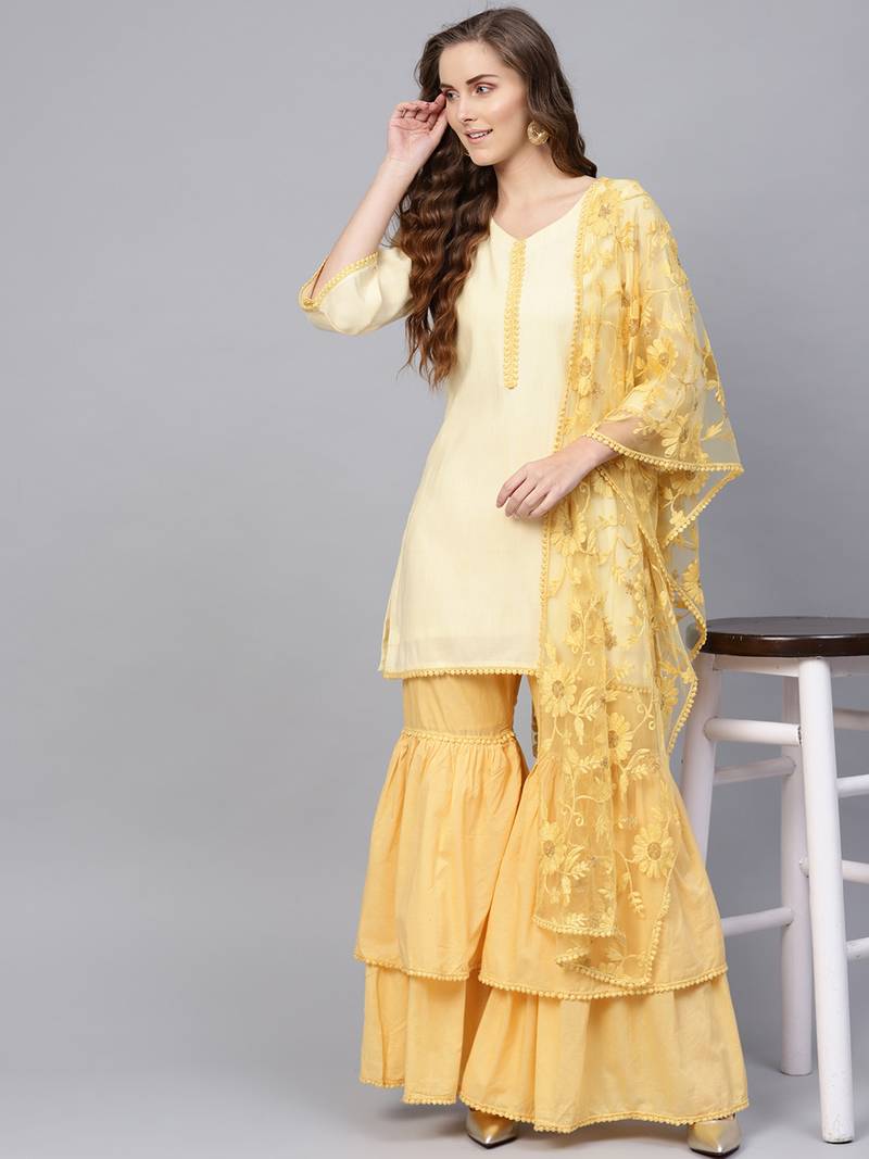 Yellow & Off White Cotton Solid Unstitched Dress Material With Embroidered Dupatta