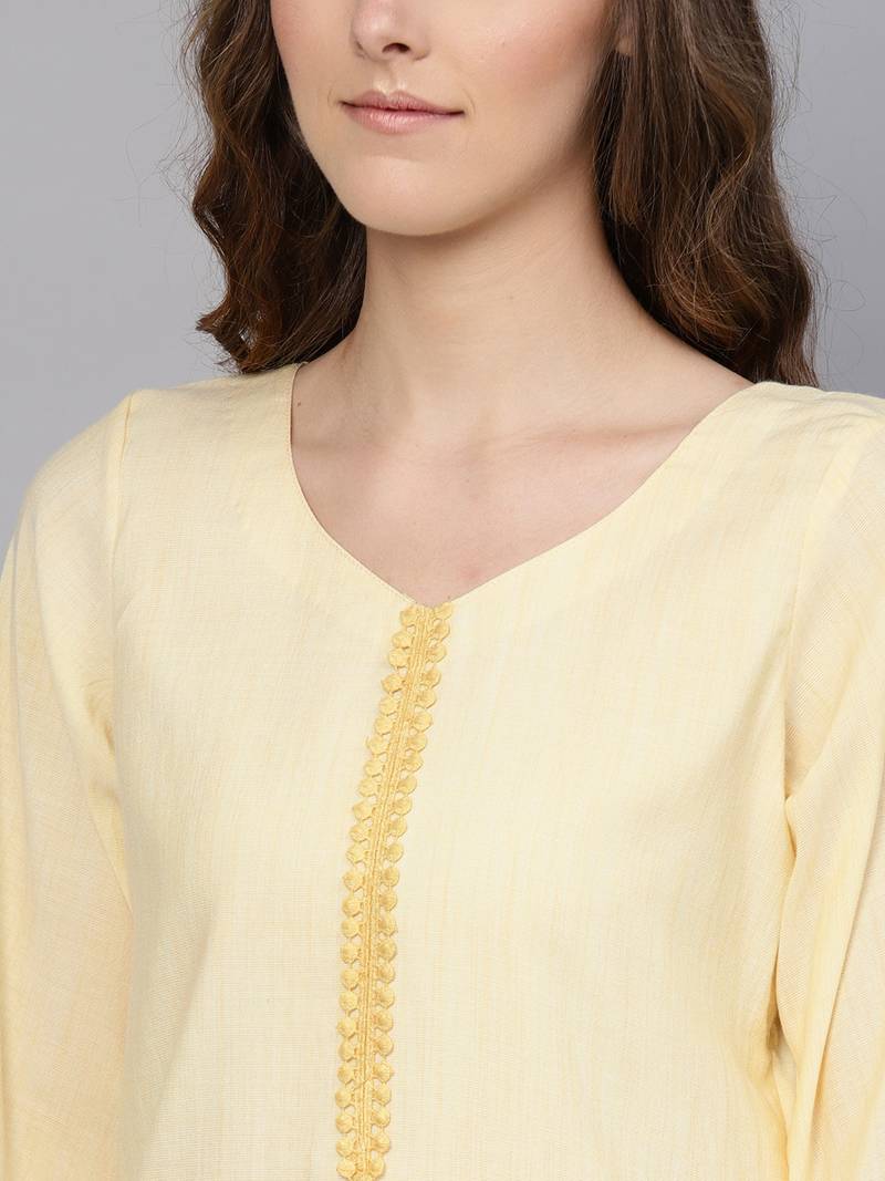 Yellow & Off White Cotton Solid Unstitched Dress Material With Embroidered Dupatta