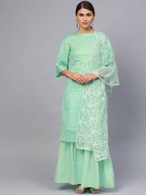 Green Cotton Checks Unstitched Dress Material With Embroidered Dupatta 1