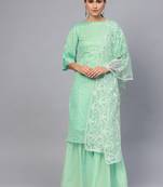 Green Cotton Checks Unstitched Dress Material With Embroidered Dupatta